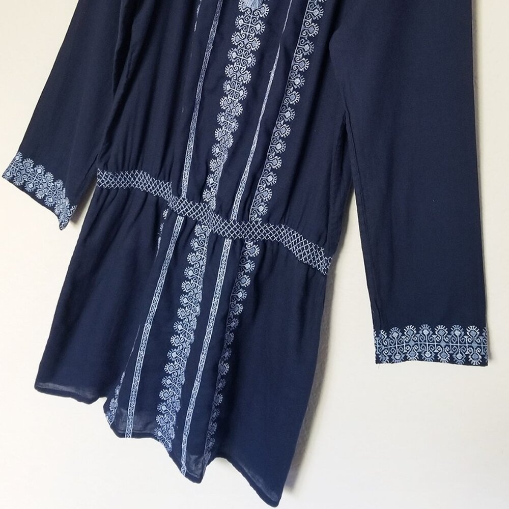 Lucky Brand Embroidered Mini Peasant Dress Long Sleeve Drop Waist Blue XL Cotton - Picture 7 of 14